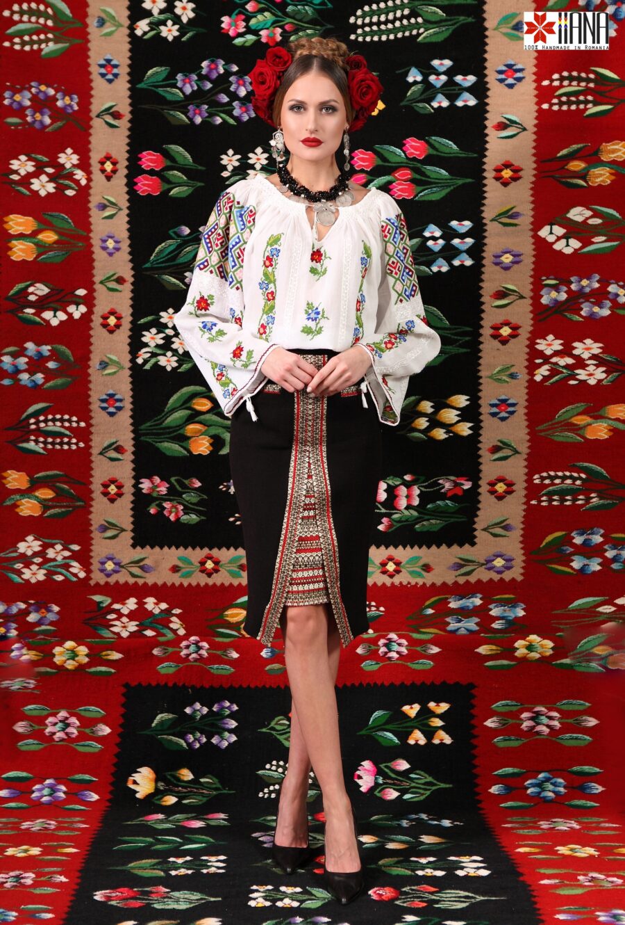 Ie Traditionala Romaneasca Maneca Lunga Motivul Geometric Floral - IIANA