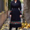 Pardesiu lung din lână cu șlițuri laterale și broderie florală țesută - IIANA