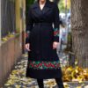 Pardesiu lung din lână cu șlițuri laterale și broderie florală țesută - IIANA