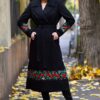 Pardesiu lung din lână cu șlițuri laterale și broderie florală țesută - IIANA