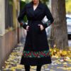 Pardesiu lung din lână cu șlițuri laterale și broderie florală țesută - IIANA