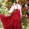 Fusta maxi din bumbac roșu  cu volane stil boho - IIANA