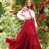 Fusta maxi din bumbac roșu  cu volane stil boho - IIANA