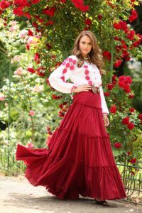 Fusta maxi din bumbac roșu  cu volane stil boho