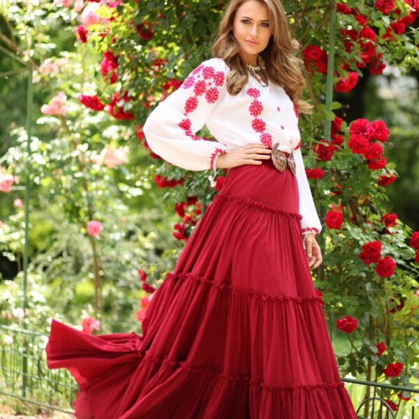 Fusta maxi din bumbac roșu  cu volane stil boho - IIANA