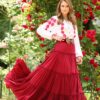 Fusta maxi din bumbac roșu  cu volane stil boho - IIANA