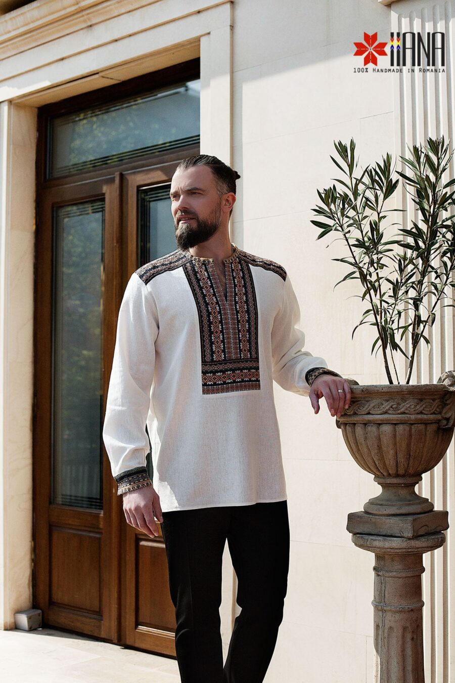 Camasa Barbateasca Traditionala Pamant cu Motive Populare - IIANA