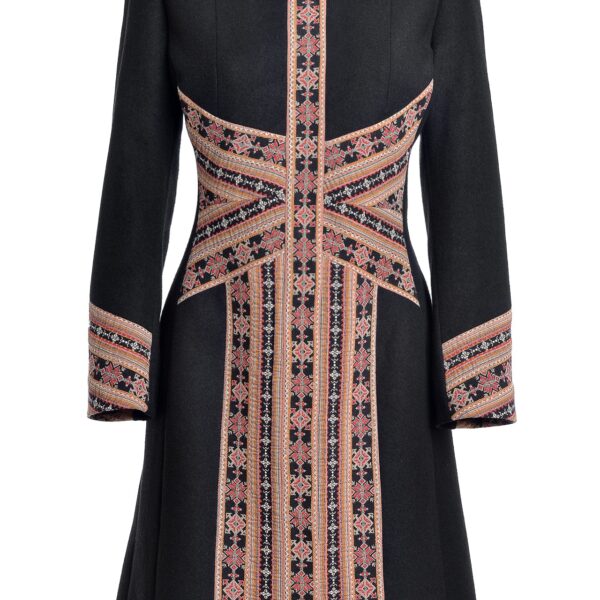 Pardesiu Traditional Midi din Stofa de Lana cu Fota si Corseletă din Jacquard Etnic - IIANA