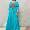 Rochia etno din muselină turcoaz și corset românesc din jacquard țesut - IIANA