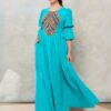 Rochia etno din muselină turcoaz și corset românesc din jacquard țesut - IIANA