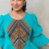 Rochia etno din muselină turcoaz și corset românesc din jacquard țesut - IIANA