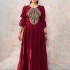 Rochia etno din muselină burgundi și corset românesc din jacquard țesut - IIANA