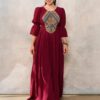 Rochia etno din muselină burgundi și corset românesc din jacquard țesut - IIANA