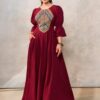 Rochia etno din muselină burgundi și corset românesc din jacquard țesut - IIANA