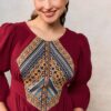 Rochia etno din muselină burgundi și corset românesc din jacquard țesut - IIANA