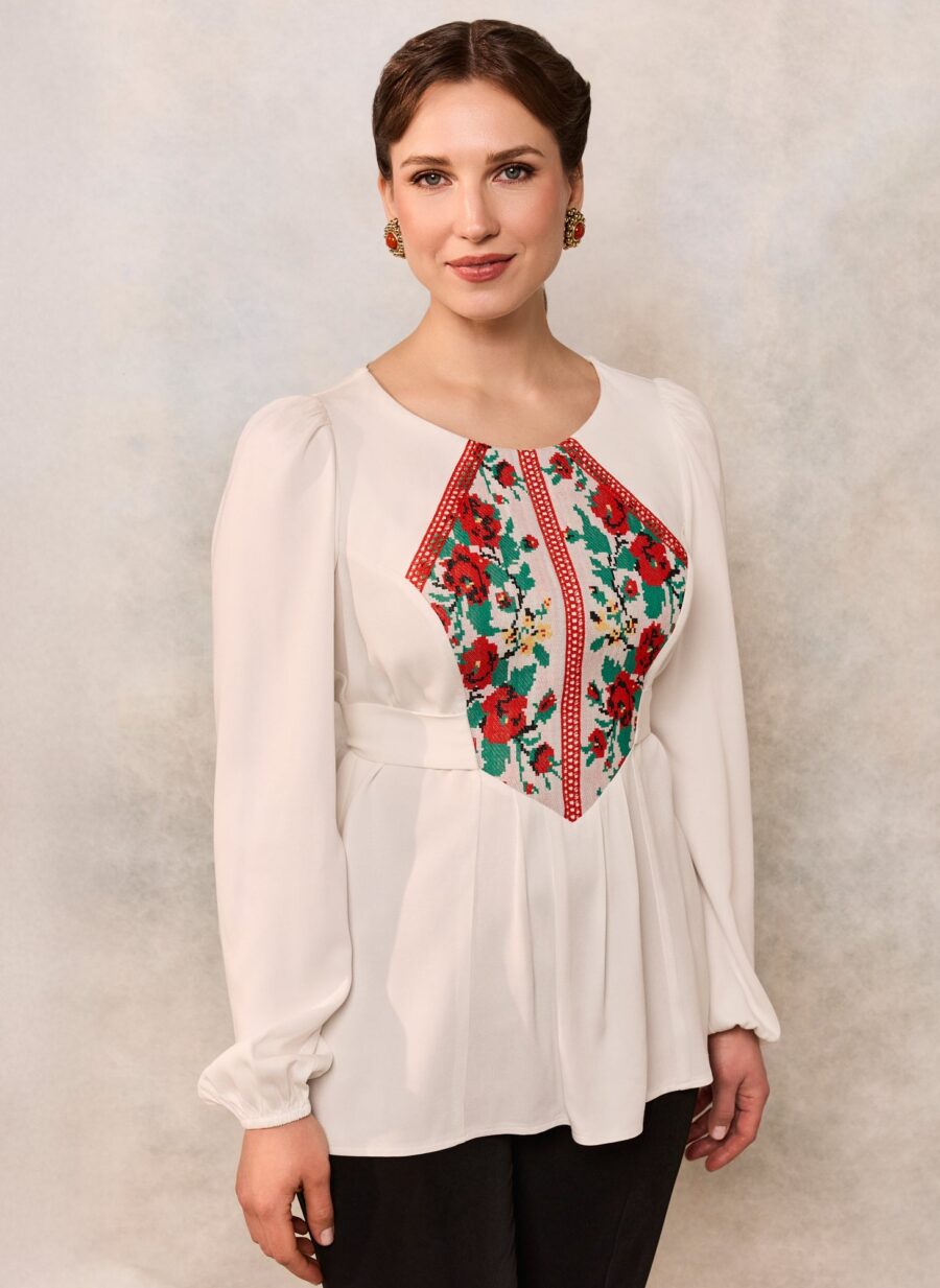 Bluza etno din viscoză albă și corset românesc din jacquard și dantelă tradițională - IIANA