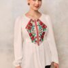 Bluza etno din viscoză albă și corset românesc din jacquard și dantelă tradițională - IIANA
