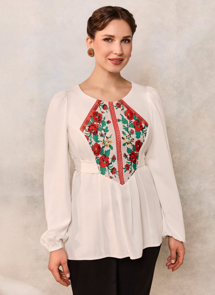 Bluza etno din viscoză albă și corset românesc din jacquard și dantelă tradițională - IIANA