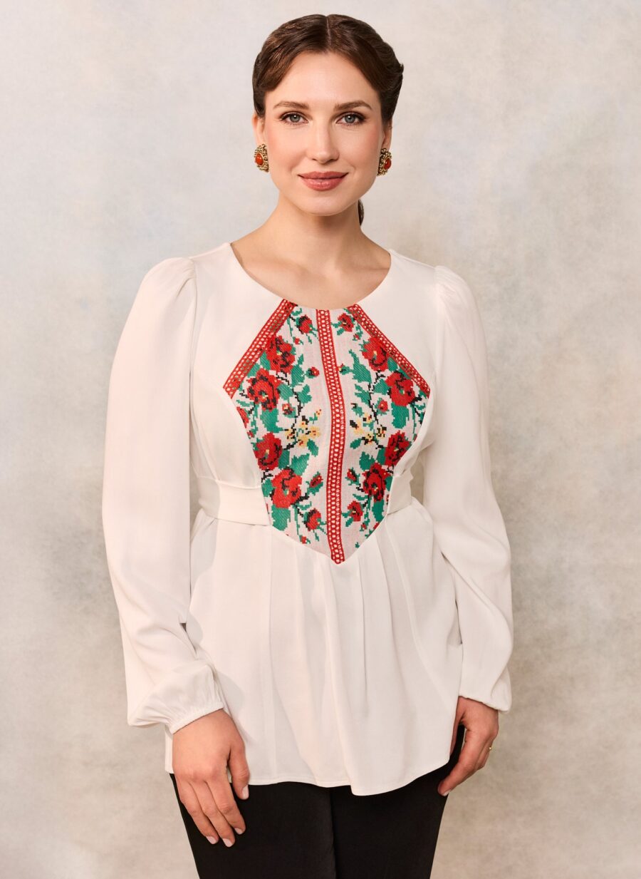 Bluza etno din viscoză albă și corset românesc din jacquard și dantelă tradițională - IIANA