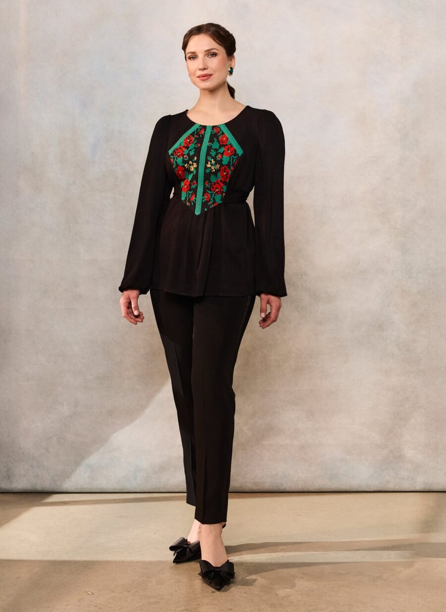 Bluza etno din viscoză neagră și corset românesc din jacquard și dantelă tradițională - IIANA