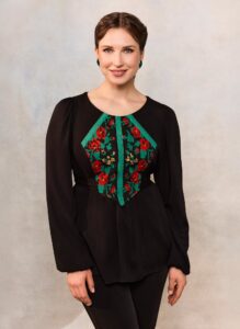 Bluza etno din viscoză neagră și corset românesc din jacquard și dantelă tradițională