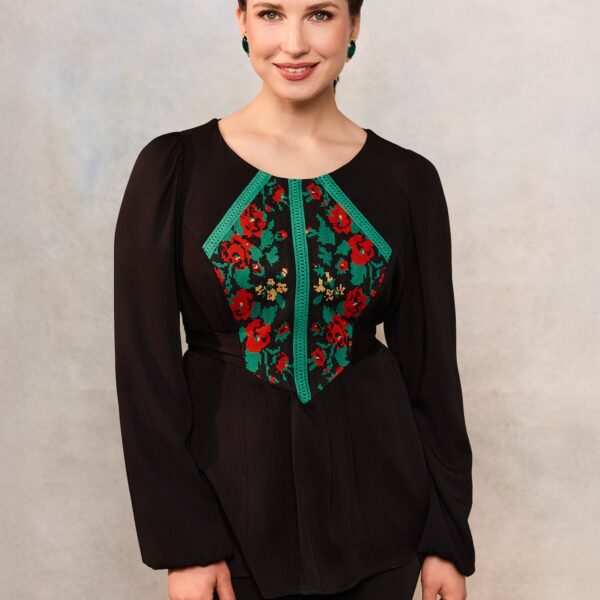 Bluza etno din viscoză neagră și corset românesc din jacquard și dantelă tradițională - IIANA