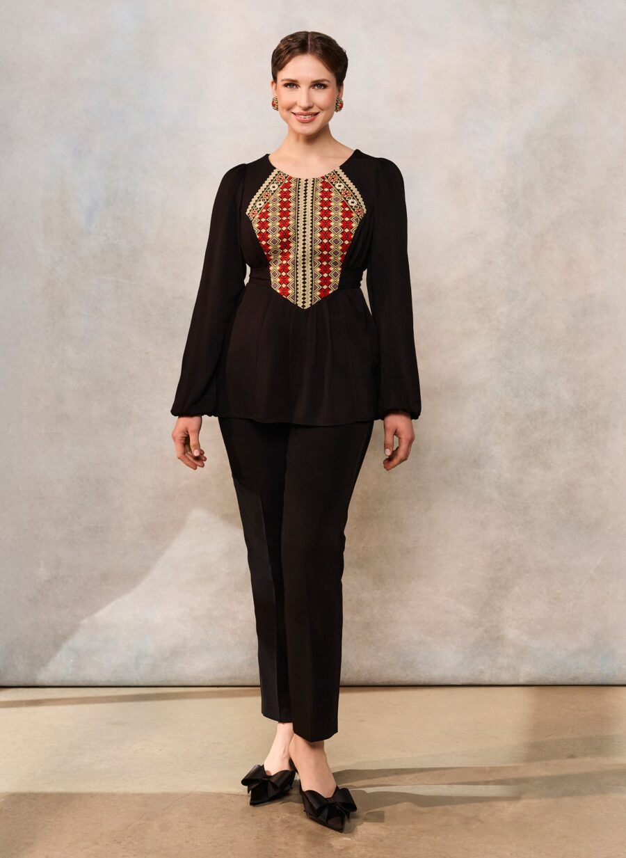 Bluza etno din viscoză neagră și corset românesc din jacquard țesut cu motive tradiționale - IIANA