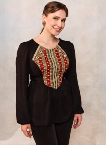 Bluza etno din viscoză neagră și corset românesc din jacquard țesut cu motive tradiționale