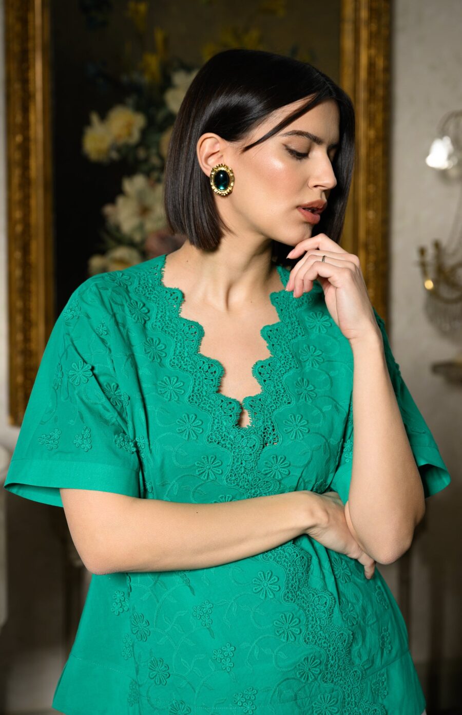 Bluză chimono verde din batist de bumbac și broderie tridimensională - IIANA