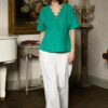 Bluză chimono verde din batist de bumbac și broderie tridimensională - IIANA