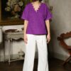 Bluza chimono violet din batist de bumbac și broderie tridimensională - IIANA