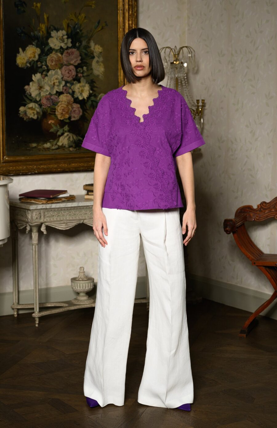 Bluza chimono violet din batist de bumbac și broderie tridimensională - IIANA