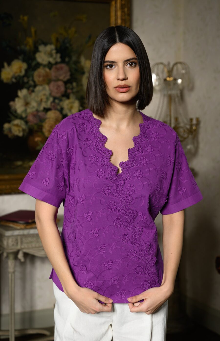 Bluza chimono violet din batist de bumbac și broderie tridimensională - IIANA