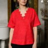 Bluză chimono roșie din batist de bumbac și broderie tridimensională - IIANA