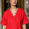 Bluză chimono roșie din batist de bumbac și broderie tridimensională - IIANA