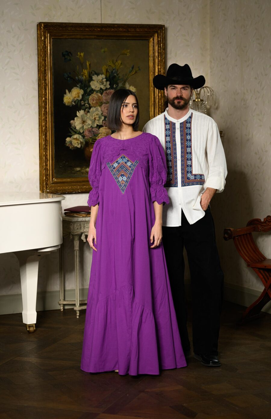 Cămașă stilizată cu vestă din jacquard țesut cu motive tradiționale - IIANA