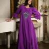 Rochia lungă violet din batist cu jacquard etnic și broderie tridimensională - IIANA