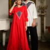 Rochia lungă roșie din batist cu jacquard etnic și broderie tridimensională - IIANA