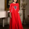 Rochia lungă roșie din batist cu jacquard etnic și broderie tridimensională - IIANA