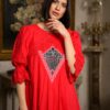 Rochia lungă roșie din batist cu jacquard etnic și broderie tridimensională - IIANA