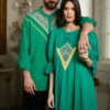 Rochia lungă verde din batist cu jacquard etnic și broderie tridimensională - IIANA