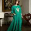 Rochia lungă verde din batist cu jacquard etnic și broderie tridimensională - IIANA