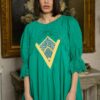 Rochia lungă verde din batist cu jacquard etnic și broderie tridimensională - IIANA