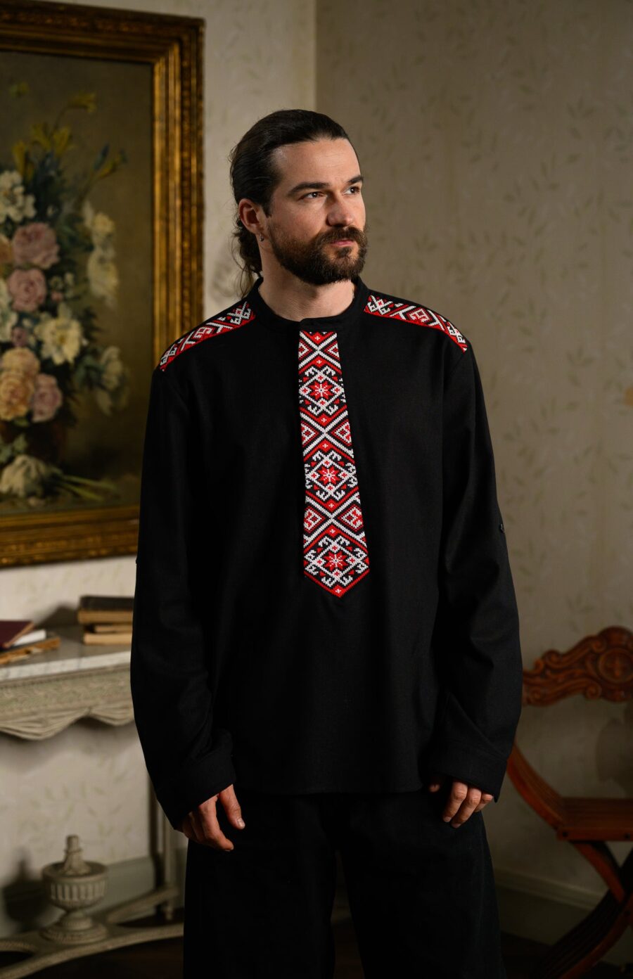 Cămașa stilizată cu cravată și epoleți din jacquard țesut cu motive tradiționale Antim - IIANA