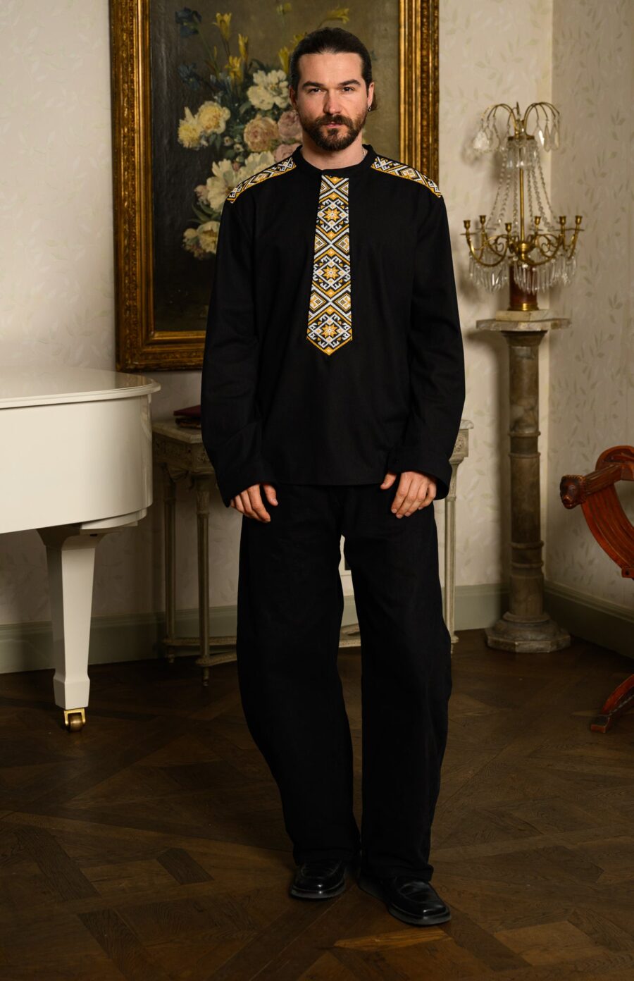Cămașa stilizată cu cravată și epoleți din jacquard țesut cu motive tradiționale Darius - IIANA