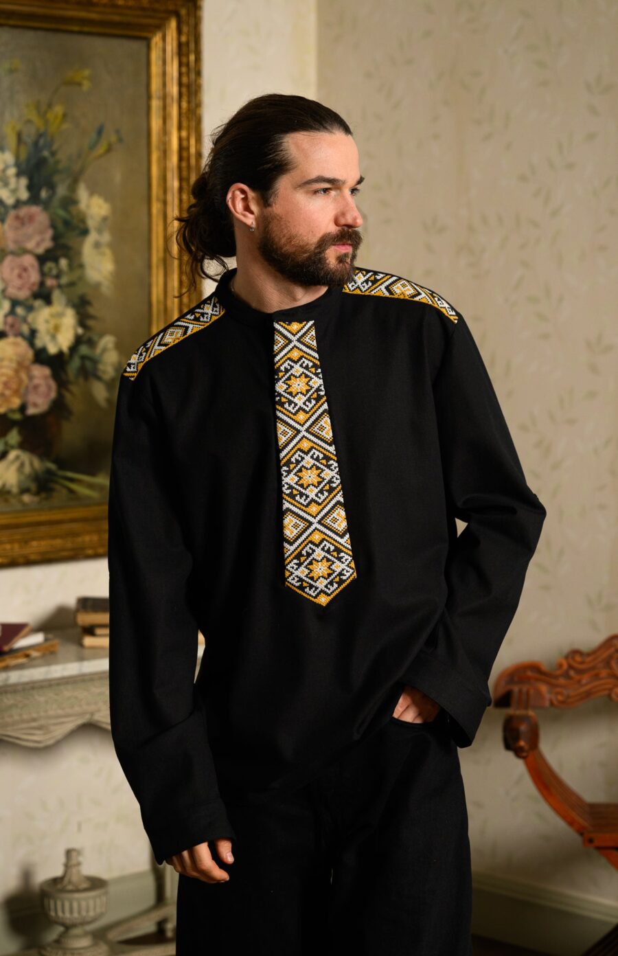 Cămașa stilizată cu cravată și epoleți din jacquard țesut cu motive tradiționale Darius - IIANA