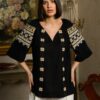 Ie stilizată neagră din in și jacquard etnic țesut Daria - IIANA