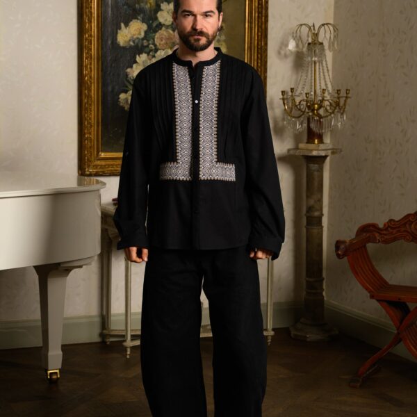 Cămașă stilizată cu vestă din jacquard țesut cu motive tradiționale Dimitrie - IIANA