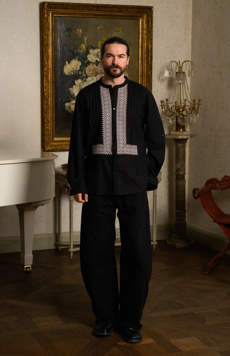 Cămașă stilizată cu vestă din jacquard țesut cu motive tradiționale Dimitrie - IIANA
