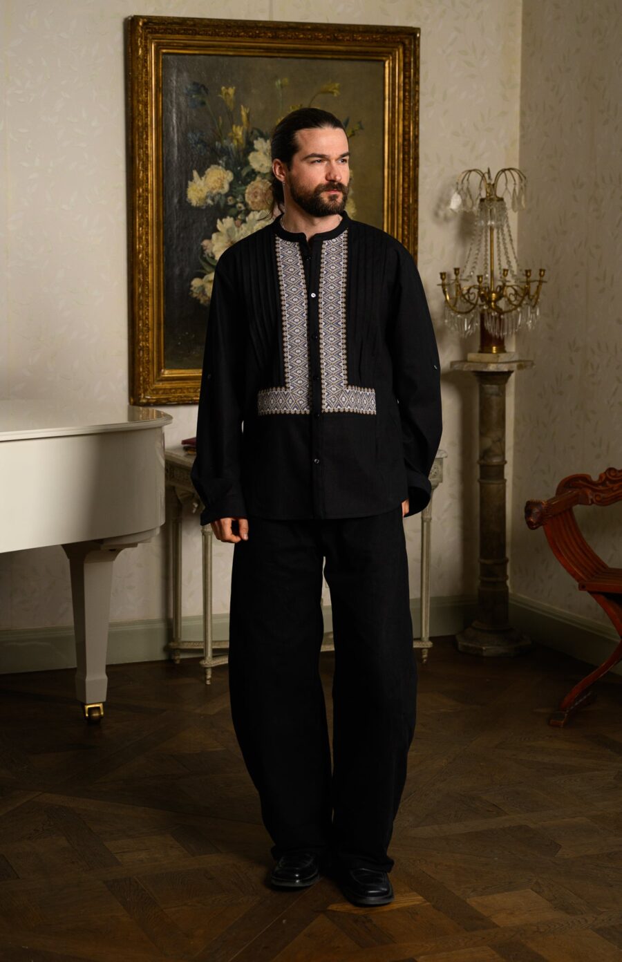 Cămașă stilizată cu vestă din jacquard țesut cu motive tradiționale Dimitrie - IIANA